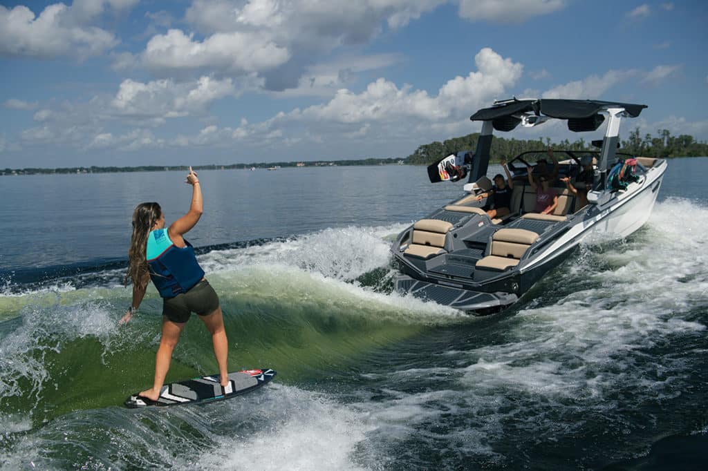 Wakesurfing behind the Nautique G23