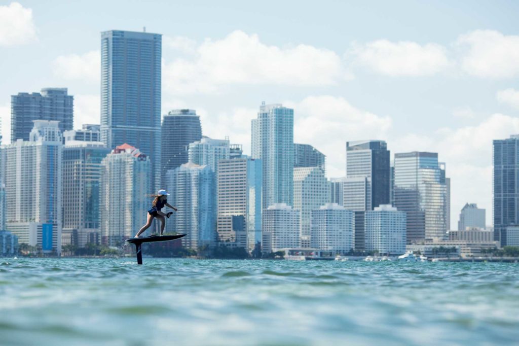 Meagan Ethell, taking in the downtown Miami scene onboard the Lift e-foil.