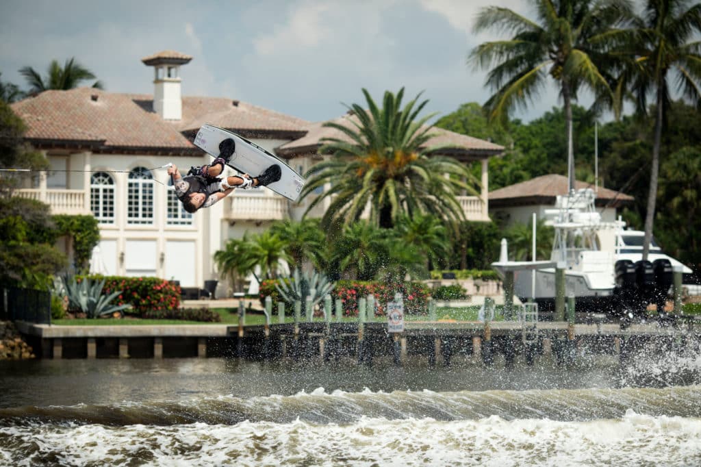 Gunner Daft wakeboarding the waterfront