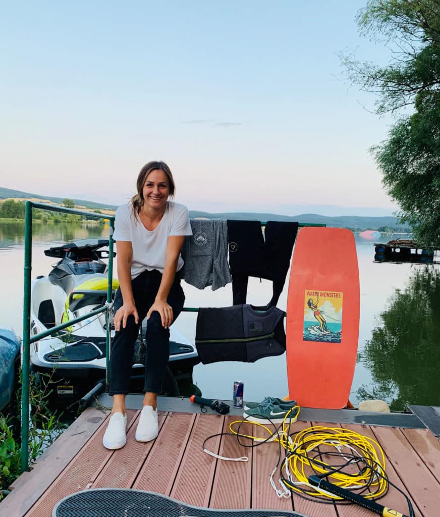 Zuzana Vrablova with her board, shoes and tow rope