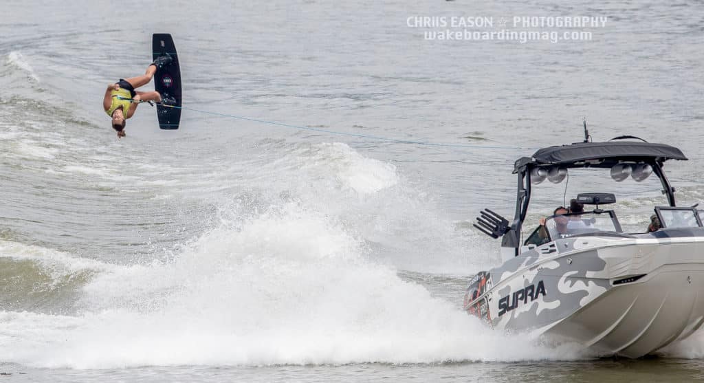 Jamie Lopina backflipping over the wake