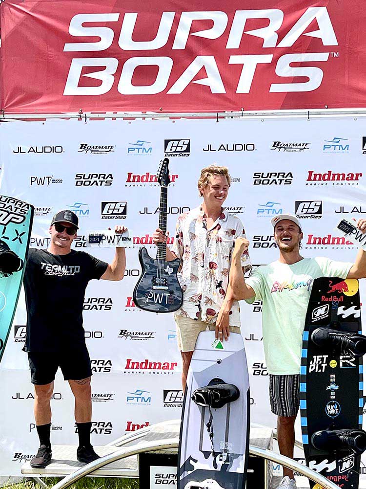 Wakeboarding Podium! Winner Sam Brown( 90.00) flanked by fellow Aussies, Nic Rapa ( left, 84.33) and Cory Teunissen (right, 80.66). Brown landed a Nuclear Ole 720, a move that he had only landed once before and it had never been done in a contest.