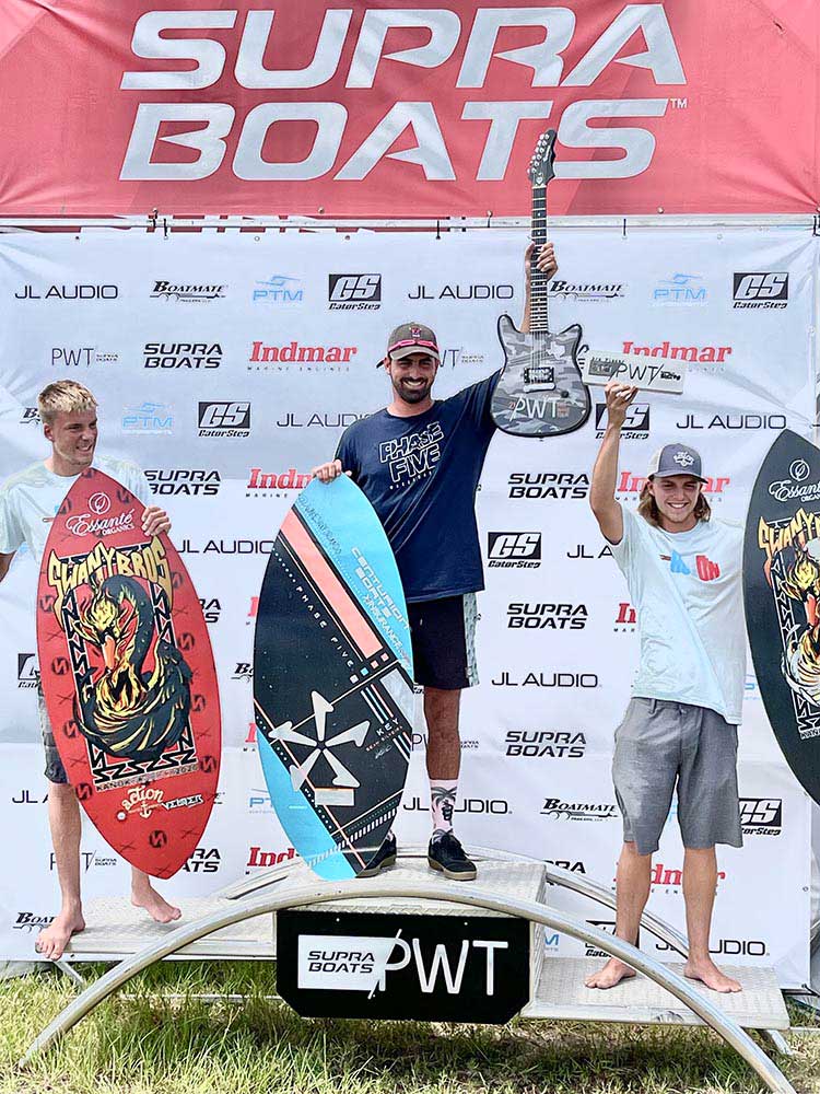 Three-time Pro Wake Tour Champion Sean Silveira ( 91.66) won the wakesurfing podium, while brothers Taylor Swanson (left, 70.00) and Camron Swanson (right, 64.33) came in second and third, respectively.