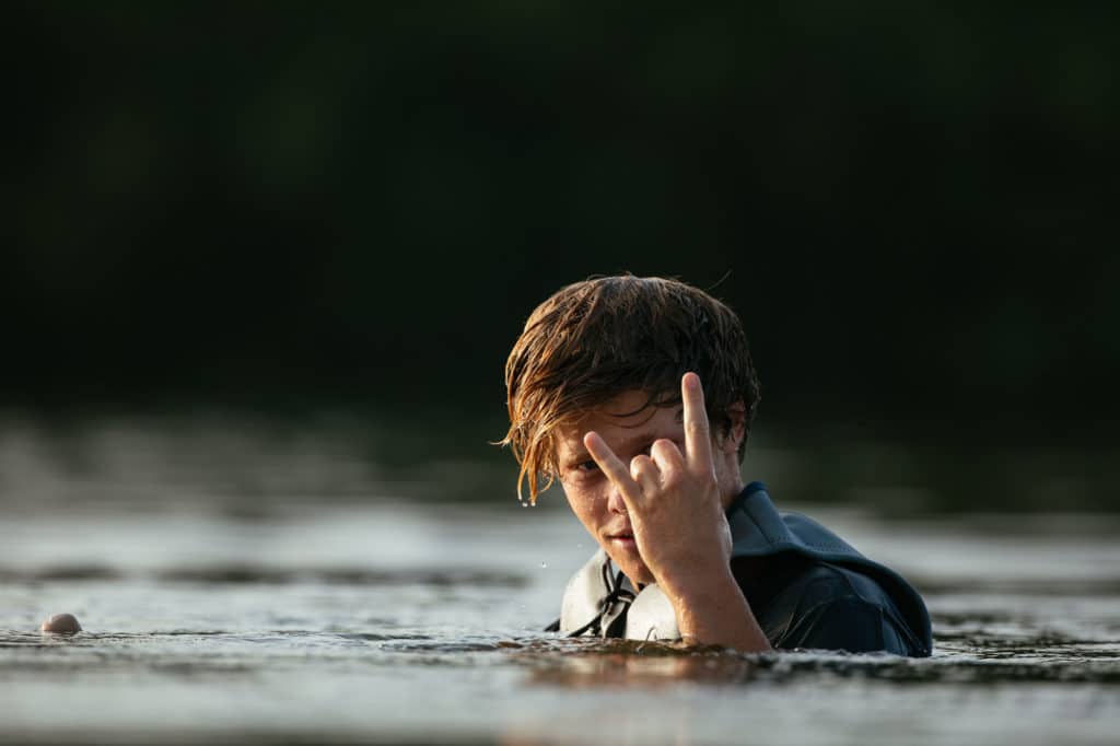 Tyler Higham wakeboarding at dawn