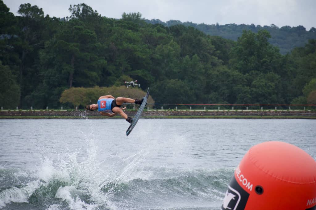 Bec Gange launching over the wake