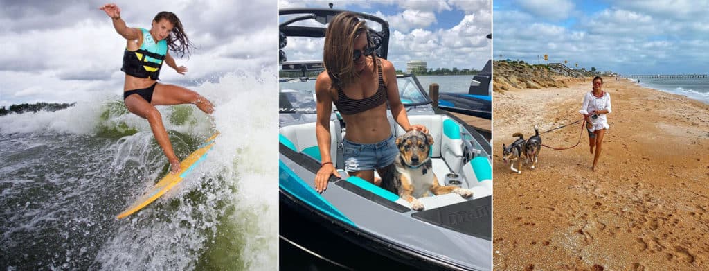 Tarah Mikacich on the beach and wakesurfing