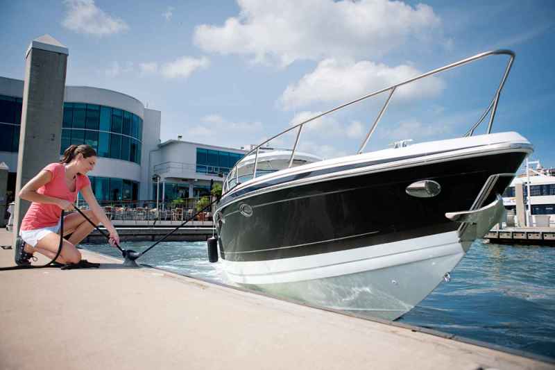 When approaching a dock, make sure crew members know not to help unless instructed by you. Sticking arms or legs out to fend the boat could result in bruised or broken limbs. Keep a manual bilge pump on board, along with a bucket, to help bail the boat if you have a breached hull or if the bilge pump fails. The Coast Guard Auxiliary has a free vessel safety check program. Find one in your area to make sure your boat is up to snuff. Go to boatingmag.com/uscg-i-want-a-vsc. For boats with gasoline engines housed in compartments, always run the blower for five minutes before turning the ignition key, to clear any potential gasoline fumes.