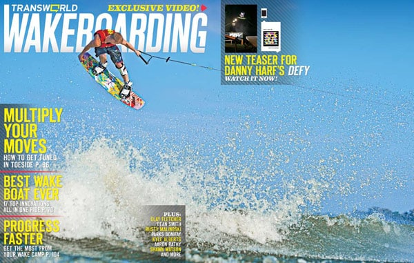 JD Webb does a switch tail poke on the May 2011 cover of TransWorld WAKEBOARDING.