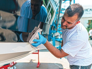 Applying coating to boat