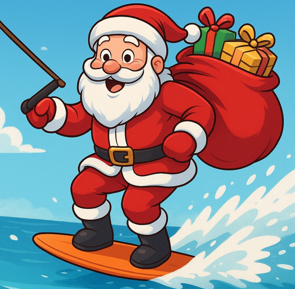 Illustration of Santa on a wakeboard